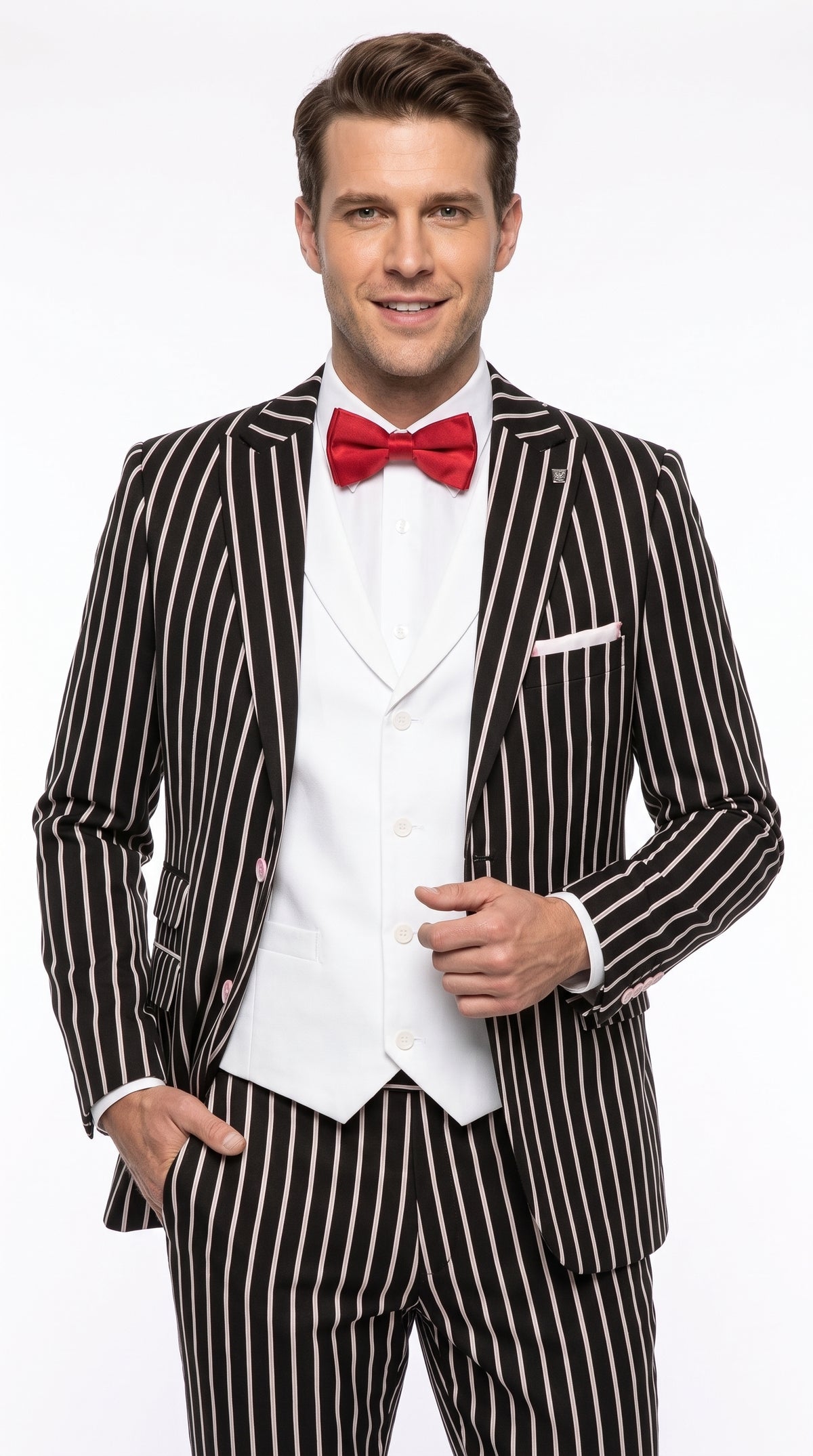1920s Men’s Black Bold Pinstripe 3 Piece Gangster Suit – Vested Vintage Wedding & Formal Suit