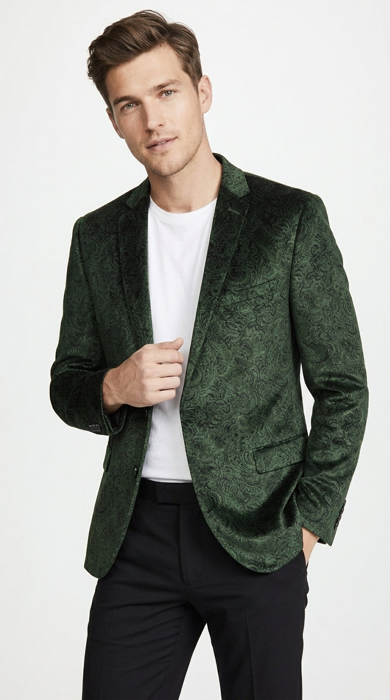 Men’s Olive Green Paisley Velvet Blazer, Formal Jacquard Sport Coat for Weddings, Prom and Parties
