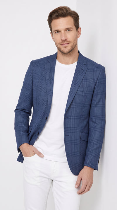 Renoir Men’s Navy Blue Plaid Blazer, 2 Button Formal Sport Coat for Weddings, Prom and Business Events