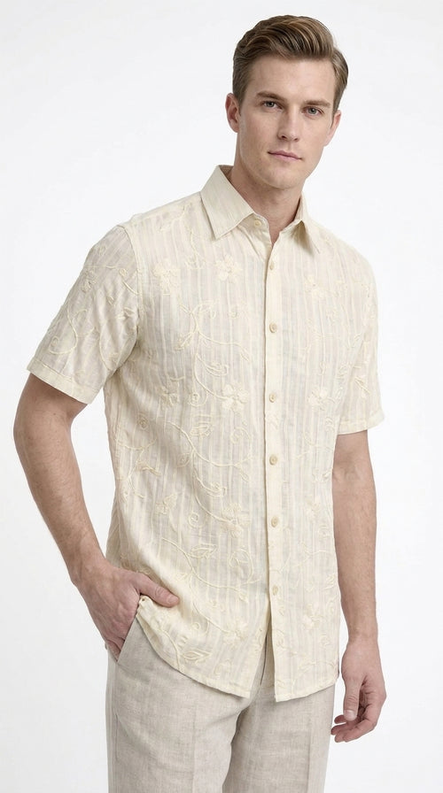 Men’s Cream Abstract Stripe Walking Suit Set, 2 Piece Short Sleeve Casual Shirt and Pants Outfit