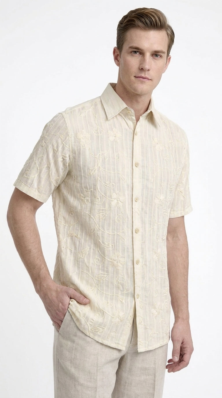 Men’s Cream Abstract Stripe Walking Suit Set, 2 Piece Short Sleeve Casual Shirt and Pants Outfit