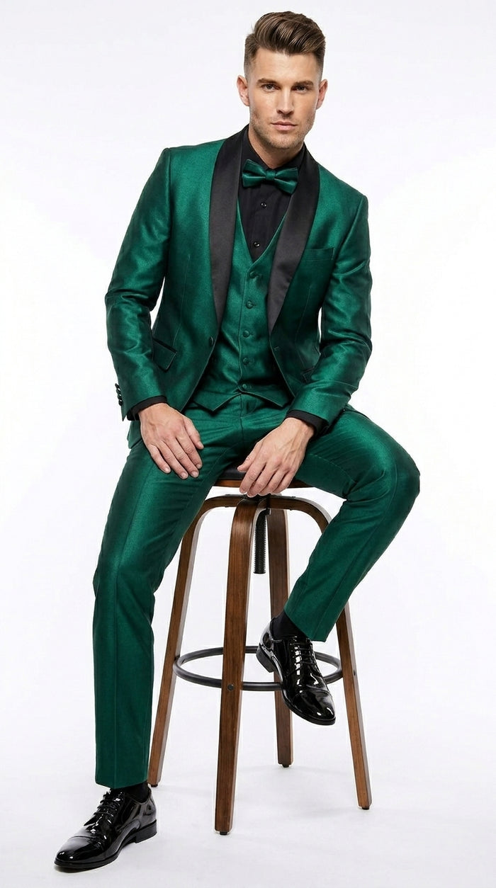 Men’s Emerald Green 3 Piece Tuxedo with Black Satin Shawl Lapel and Matching Vest
