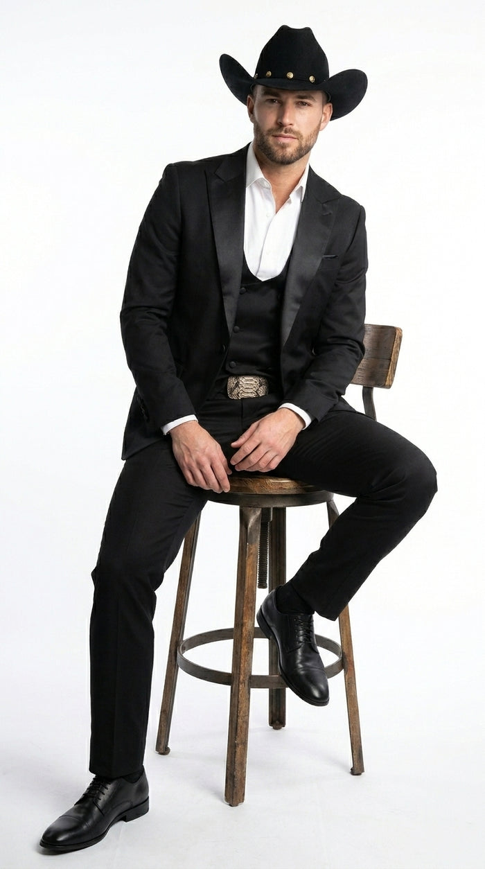 Men’s Black Western Tuxedo Suit with Satin Shawl Lapel Blazer and Double Breasted Vest