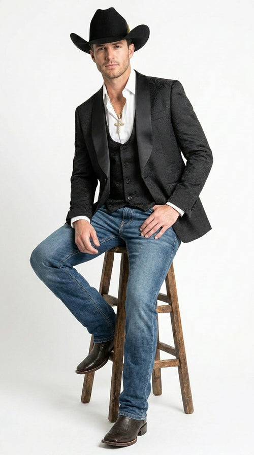 Men’s Black Paisley Jacquard Blazer with Satin Shawl Lapel, Western Formal Designer Jacket