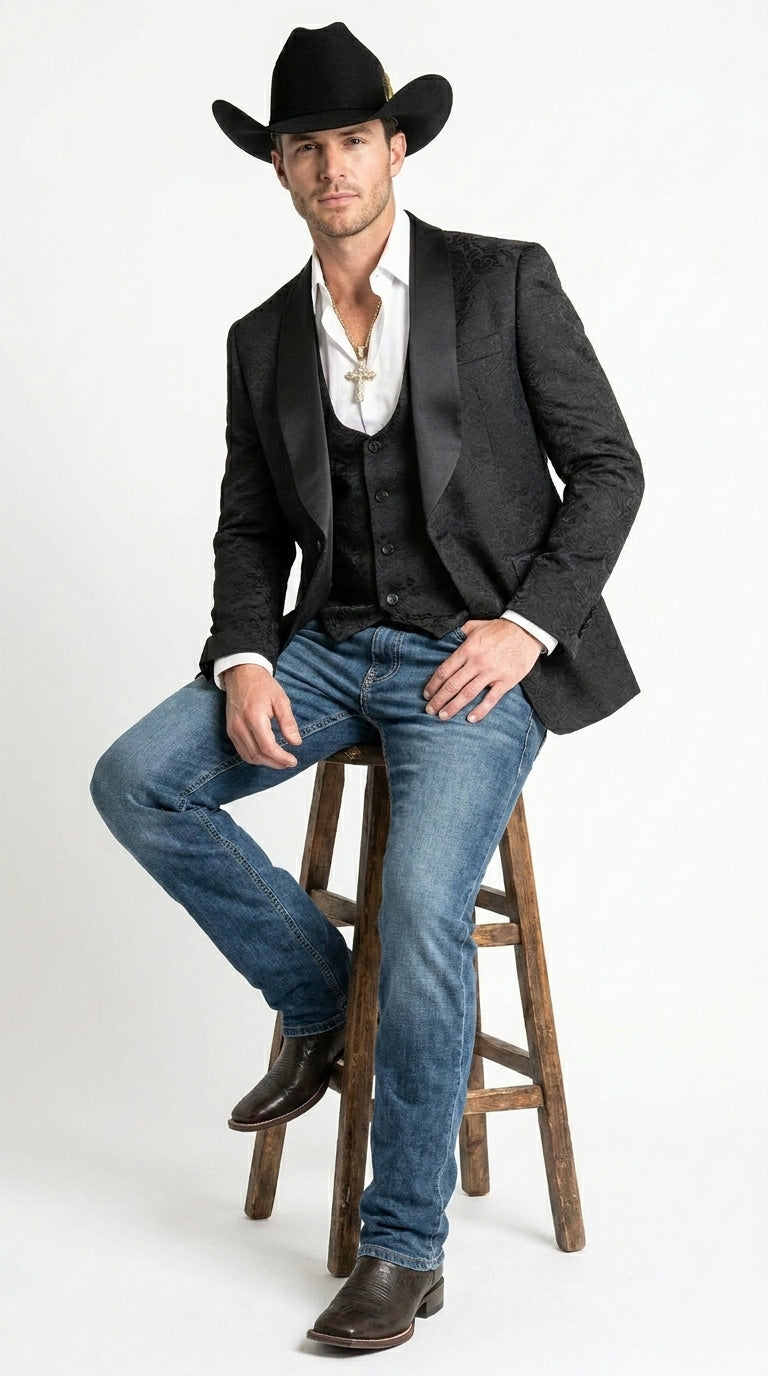 Men’s Black Paisley Jacquard Blazer with Satin Shawl Lapel, Western Formal Designer Jacket