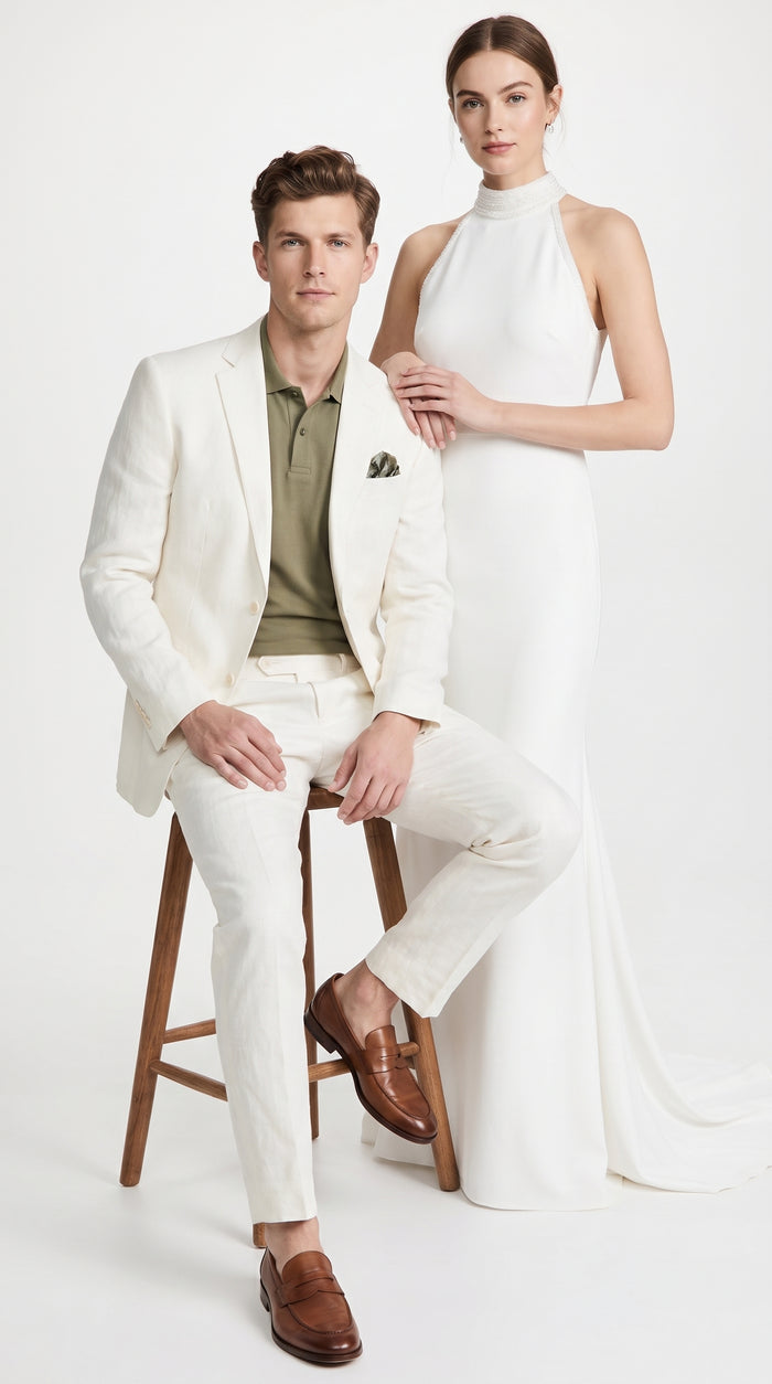 Men’s White Linen and Cotton Summer Suit, Basic Modern 2 Piece Wedding and Beach Suit