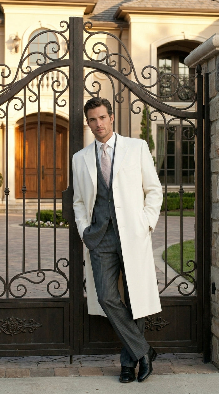White and Cashmere Mens Overcoat - Full Length Topcoat