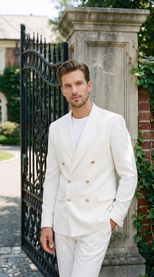 Men’s White Double Breasted Blazer, 6 Button Peak Lapel Formal Sport Coat for Weddings, Prom and Special Events