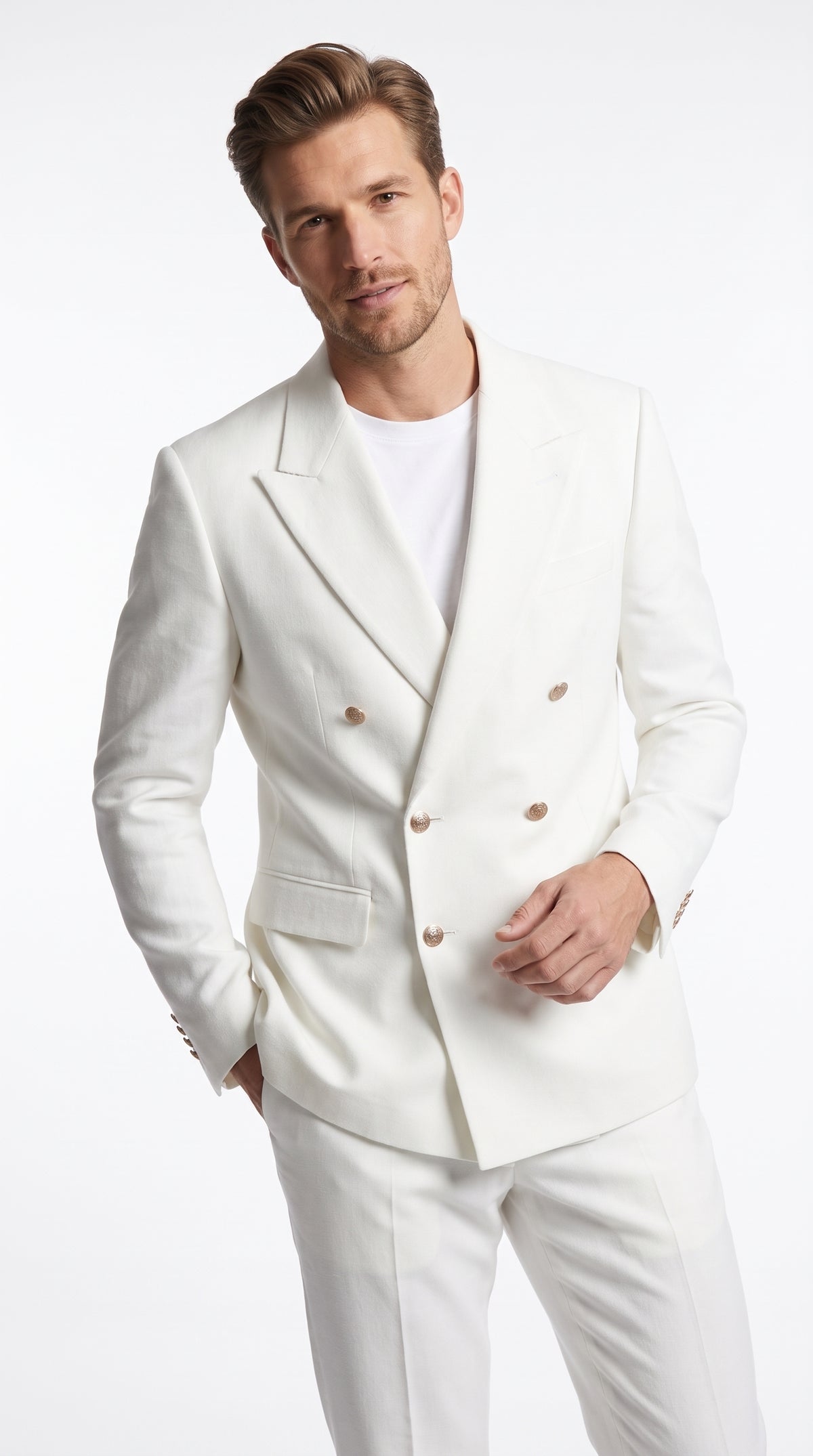 Men’s White Double Breasted Blazer, 6 Button Peak Lapel Formal Sport Coat for Weddings, Prom and Special Events