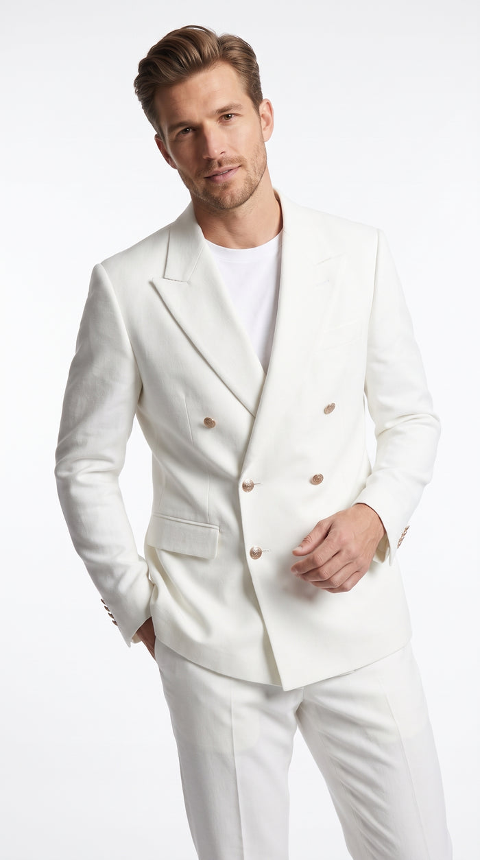 Men’s White Double Breasted Blazer, 6 Button Peak Lapel Formal Sport Coat for Weddings, Prom and Special Events