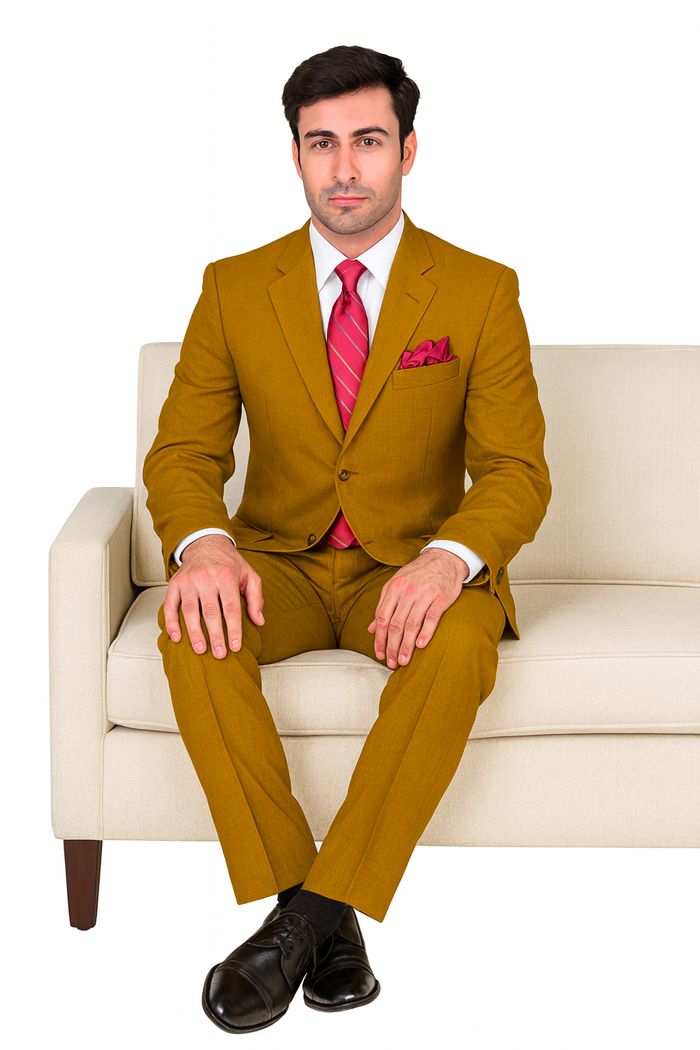 Mens 3 Button Classic Fit Poplin Suit in Tan by Fortino Landiin