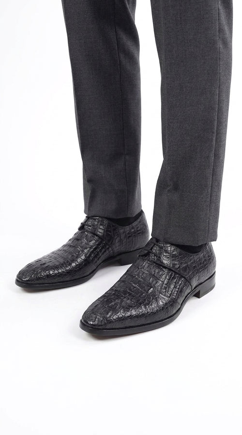 Men’s Navy Exotic Leather Loafers, Alligator Texture Formal Dress Shoes