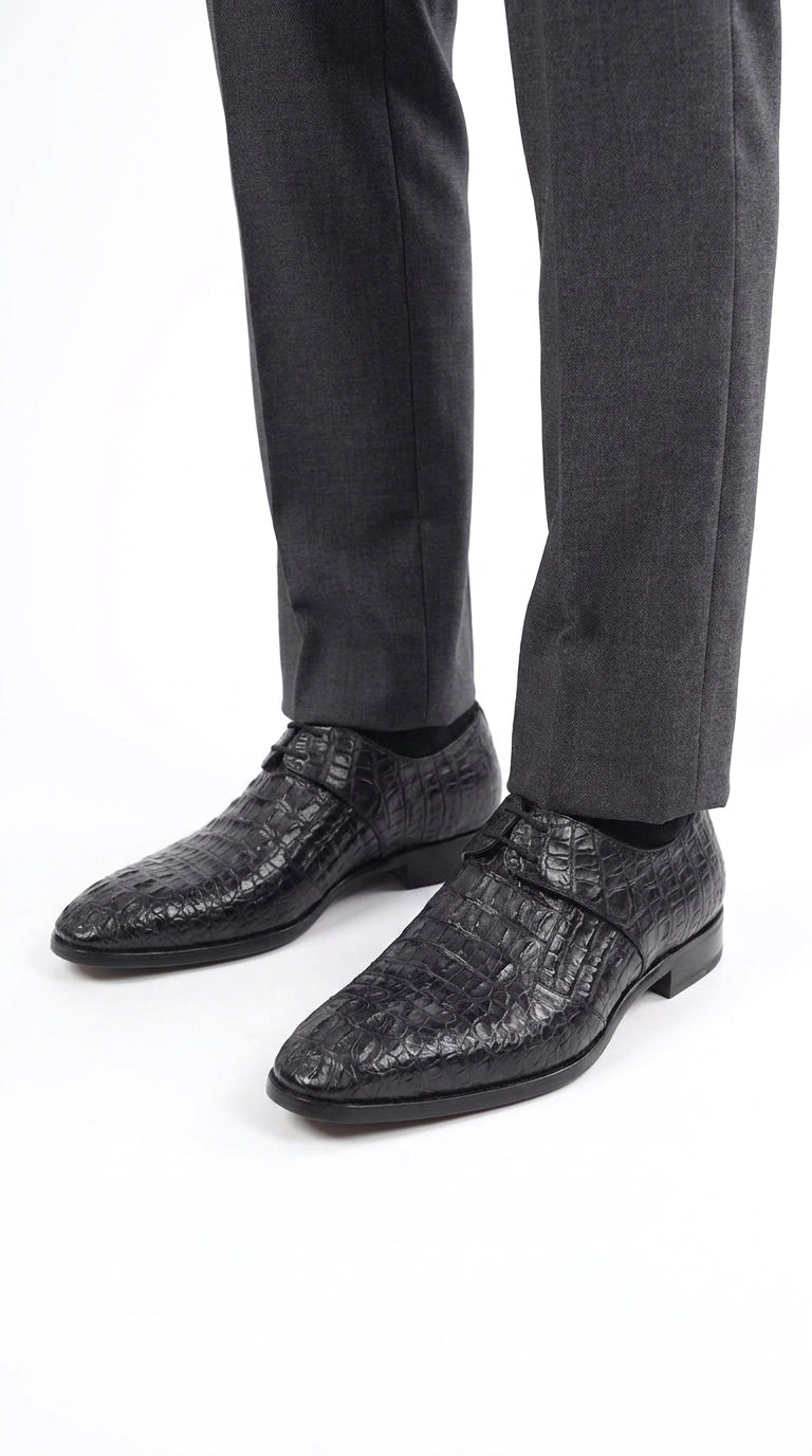 Men’s Navy Exotic Leather Loafers, Alligator Texture Formal Dress Shoes