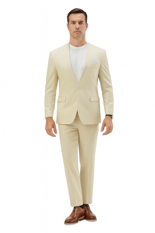 Mens Two Piece Linen Suit Relaxed Hybrid Fit No Collar MensUSA