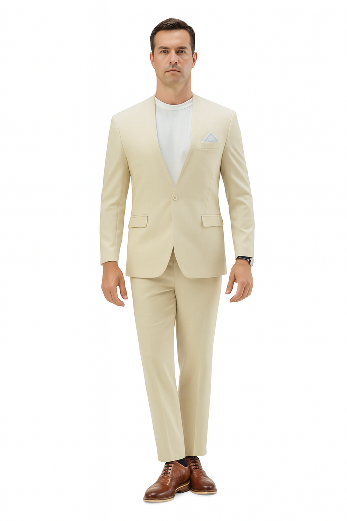Mens Two Piece Linen Suit Relaxed Hybrid Fit No Collar MensUSA