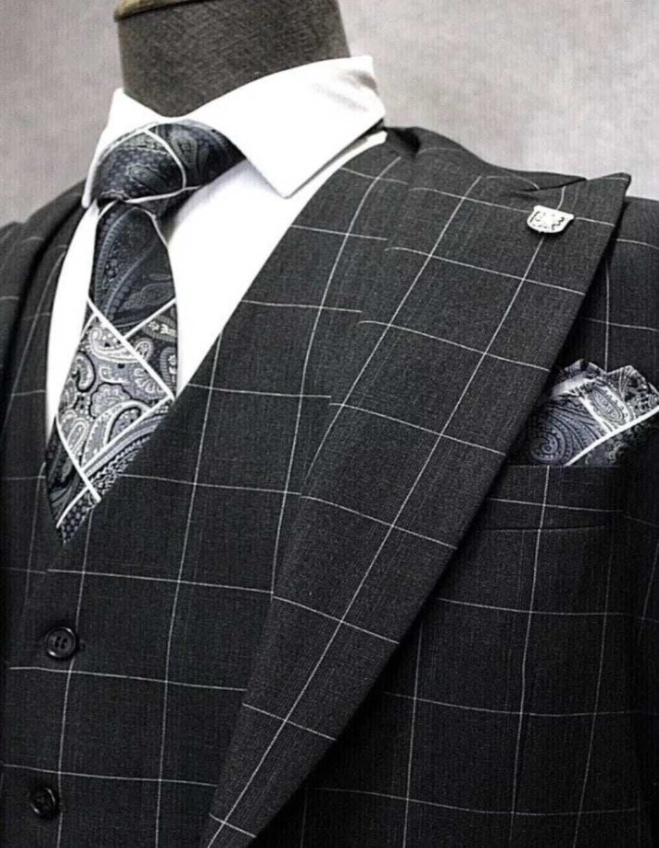 Mens Two Button Peak Lapel Plaid Pattern Suit Charcoal ~ White by USA Men's Outlet