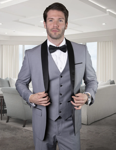Gray Prom Suit - Mens Wool One Button Modern Fit Vested Shawl Tuxedo in Grey & Black