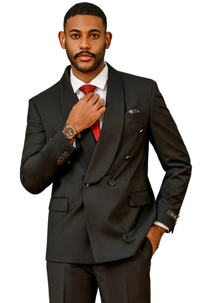 Mens Modern Fit Double Breasted Shawl Lapel Suit in Black USA Men's Outlet