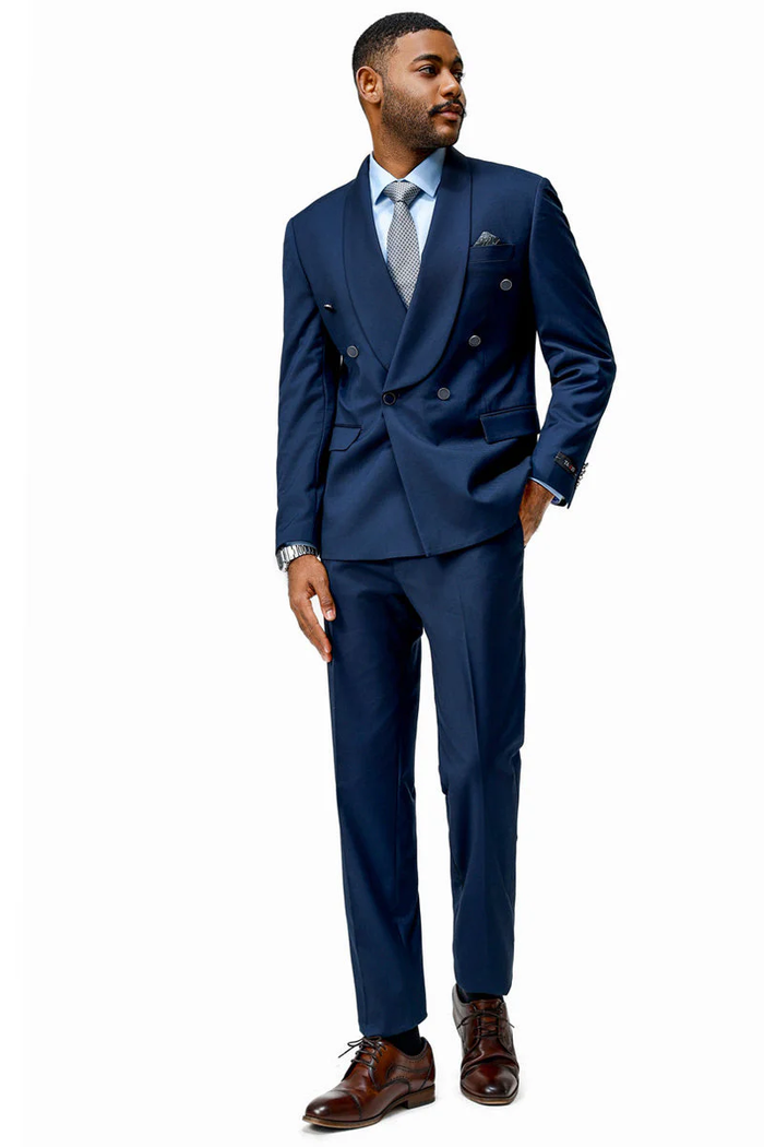 Mens Modern Fit Double Breasted Shawl Lapel Suit in Navy by USA Men's Outlet