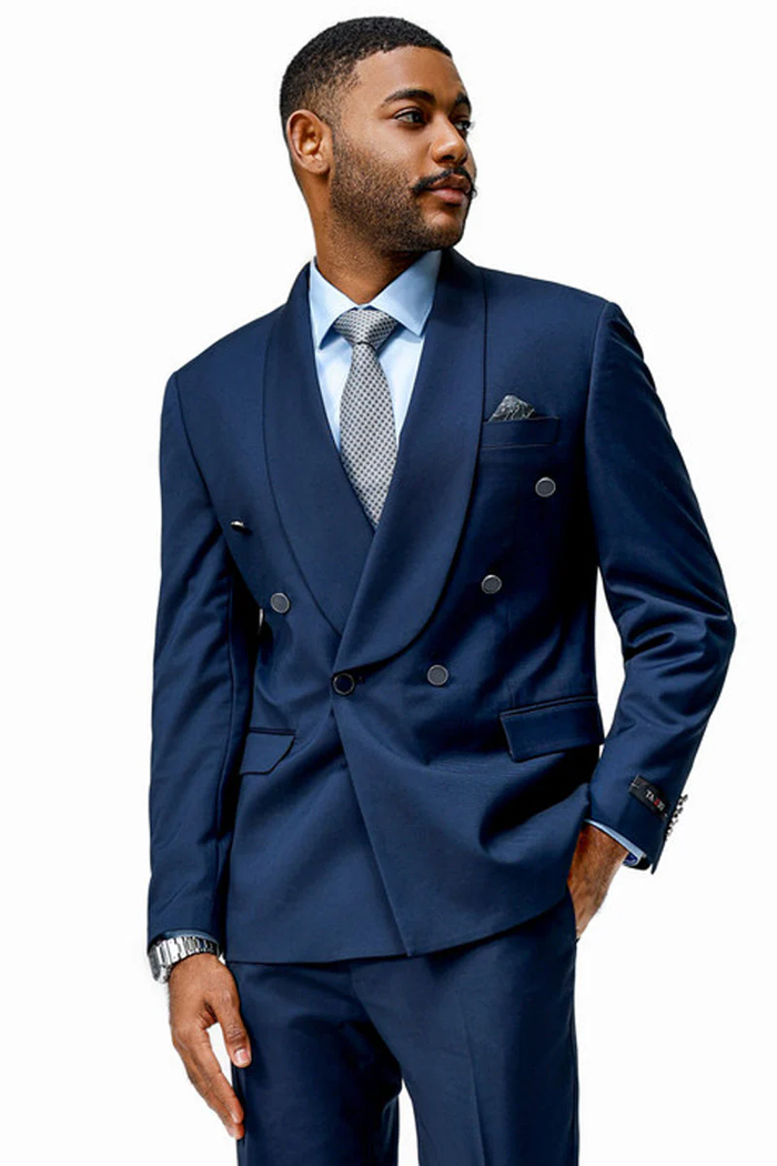 Mens Modern Fit Double Breasted Shawl Lapel Suit in Navy by USA Men's Outlet