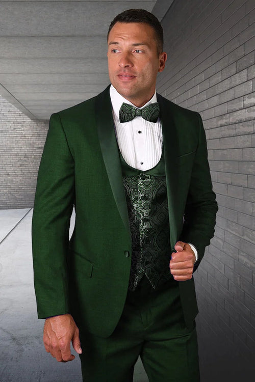 Green Prom Suit For Men - Men's Modern Fit Wedding & Prom Shawl Paisley Hunter Green Tuxedo