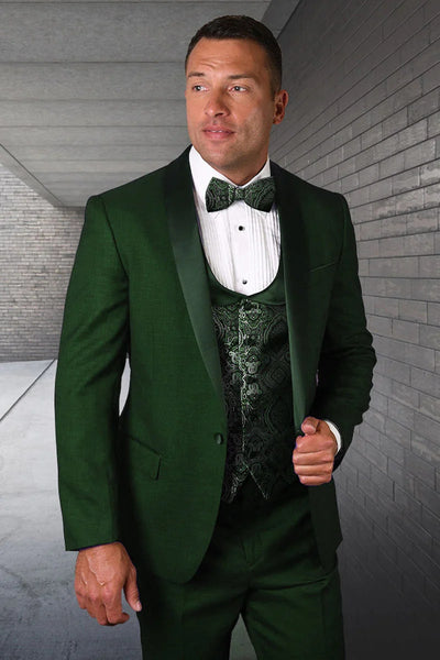 Green Prom Suit For Men - Men's Modern Fit Wedding & Prom Shawl Paisley Hunter Green Tuxedo