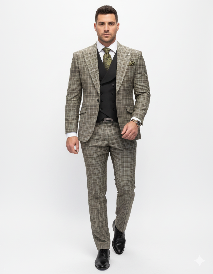 Statement Suits - Wool Suits - Peak Lapel Suits - Ticket Pocket - Modern Fit - Olive Suit by Men's Tuxedo USA