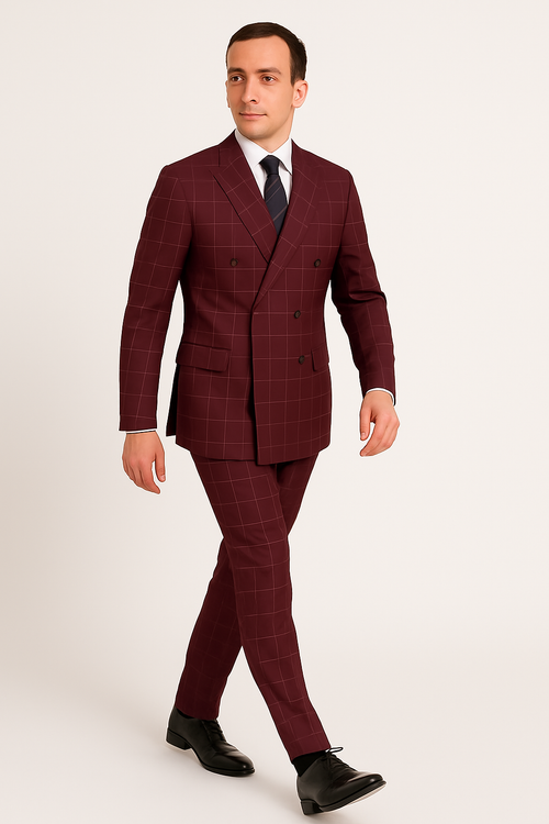 Naples Collection - Blue Modern Fit Double Breasted Windowpane Peak Lapel 2 Piece Suit by Vinci