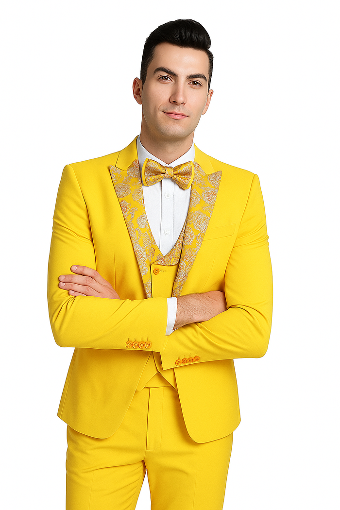 Radiant Golden Bloom Mens 3-Piece Suit with Floral Peak Lapel by USA Men's Outlet