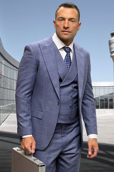 Men's Steel Blue Windowpane Wool Suit