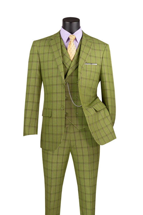 La Scale Collection-Windowpane Three Piece Suit - Moss Green by Vinci