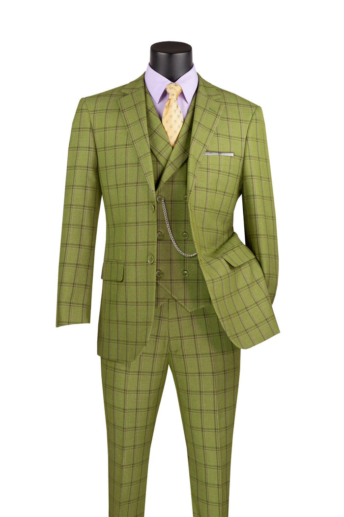 La Scale Collection-Windowpane Three Piece Suit - Moss Green by Vinci