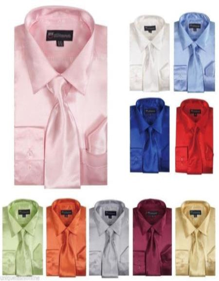Shiny Satin With Tie And Handkerchief Set Multi-Color Men's Dress Shirt by USA Men's Outlet