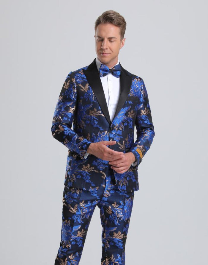 Men's Royal Blue & Gold Floral Paisley Prom Tuxedo by USA Men's Outlet