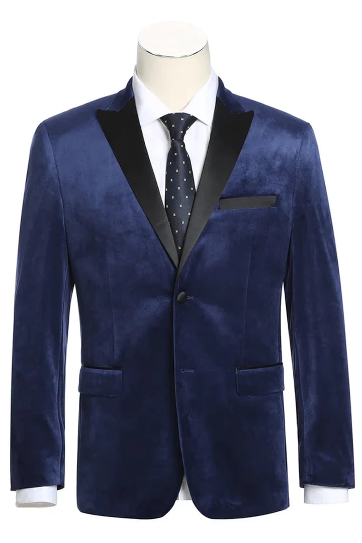 Navy Prom Tuxedo Suit -Navy Wedding Suit - Mens Two Button Peak Lapel Velvet Prom Tuxedo Blazer by PROMTUXEDO