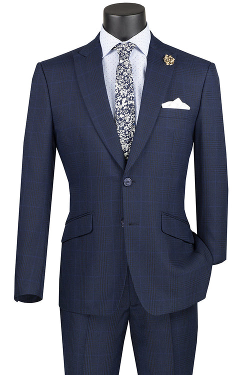 Mens Modern Fit Navy Blue Plaid Suit
