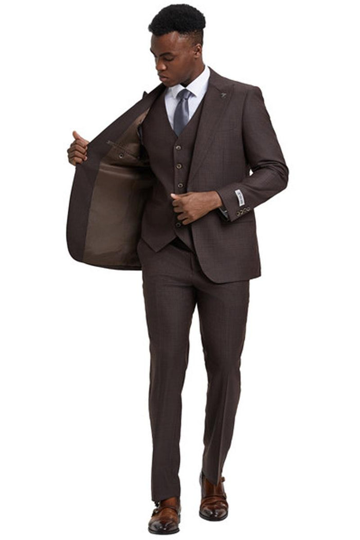 Men's Stacy Adams Vested One Button Wide Peak Lapel Windowpane Plaid Suit in Brown