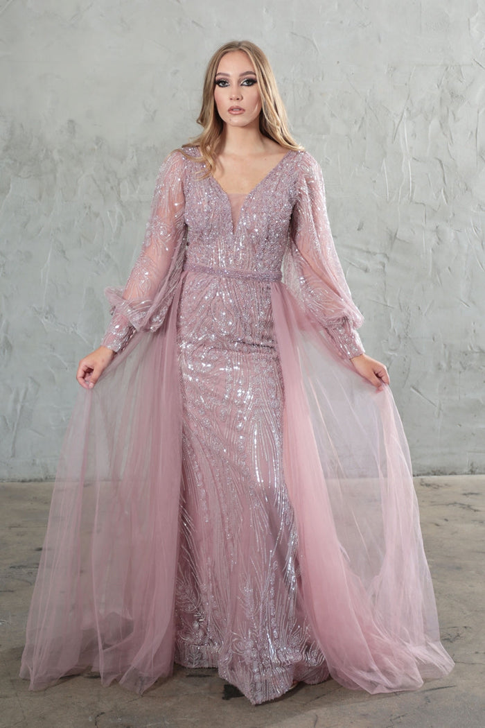 High Couture NR2216 Fitted Long Overskirt Formal Evening Lace Dress