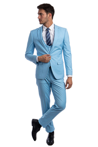 Men's Sky Blue Peak Lapel Suit with Lowcut Vested Look