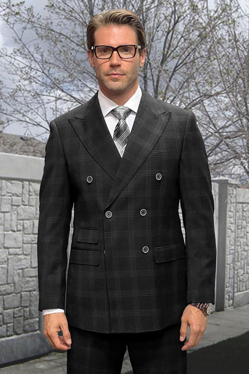 Men's Designer Classic Fit Double Breasted Wool Suit in Black Windowpane Plaid by Statement