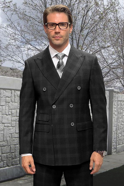 Men's Double Breasted Wool Suit in Black Windowpane