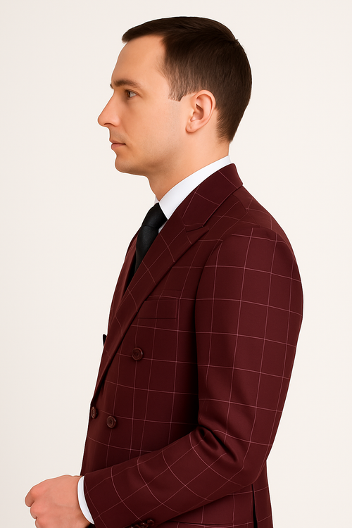 Naples Collection - Blue Modern Fit Double Breasted Windowpane Peak Lapel 2 Piece Suit by Vinci