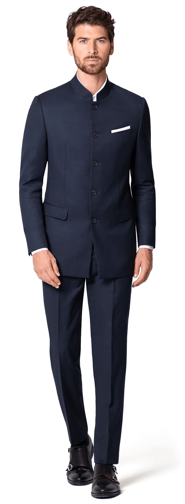 Mandarin Suit - Navy Blue Color Banded Collar Suit - Chines Collar in Color Dark Blue – SuitUSA