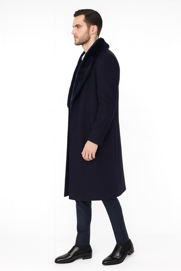 Mens Navy Blue Overcoat with Faux Fur Collar - Luxury Long Winter Coat for Formal and Casual Wear Topcoat by USA Men's Outlet