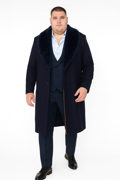 Mens Navy Blue Overcoat with Faux Fur Collar - Luxury Long Winter Coat for Formal and Casual Wear Topcoat by USA Men's Outlet