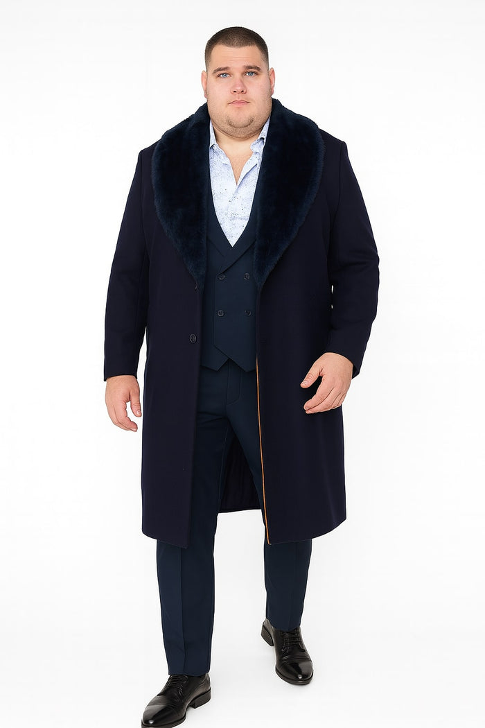 Mens Navy Blue Overcoat with Faux Fur Collar - Luxury Long Winter Coat for Formal and Casual Wear Topcoat by USA Men's Outlet