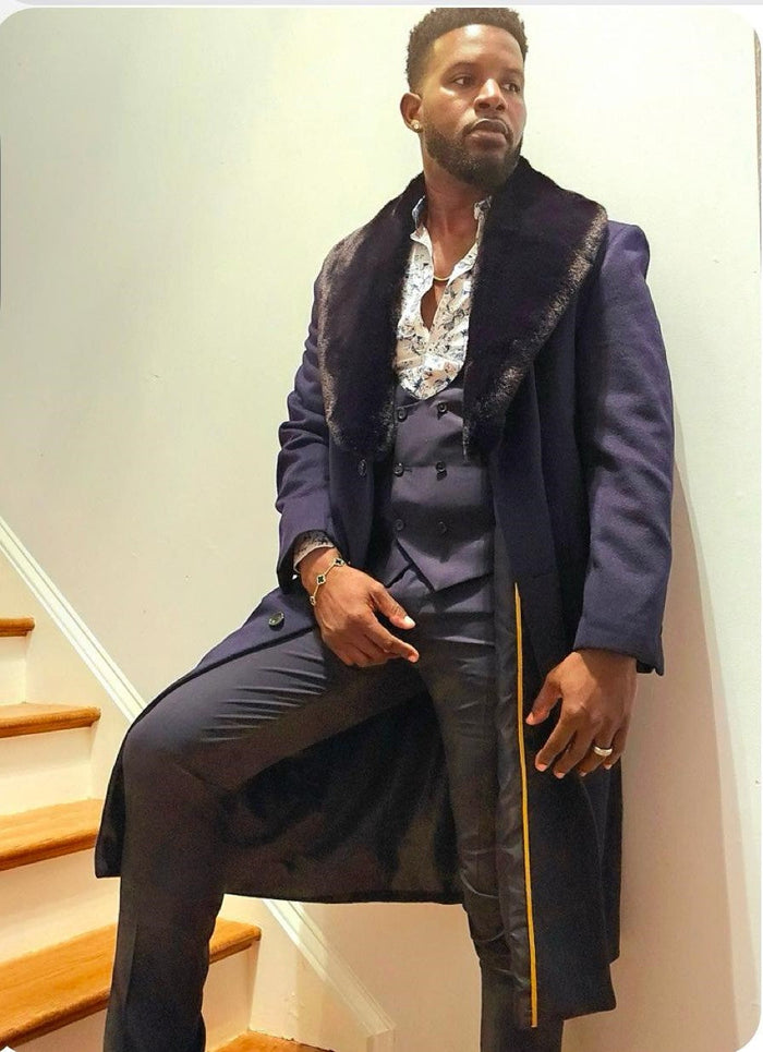 Mens Navy Blue Overcoat with Faux Fur Collar - Luxury Long Winter Coat for Formal and Casual Wear Topcoat by USA Men's Outlet
