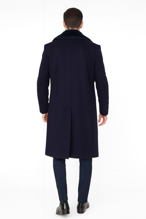 Mens Navy Blue Overcoat with Faux Fur Collar - Luxury Long Winter Coat for Formal and Casual Wear Topcoat by USA Men's Outlet