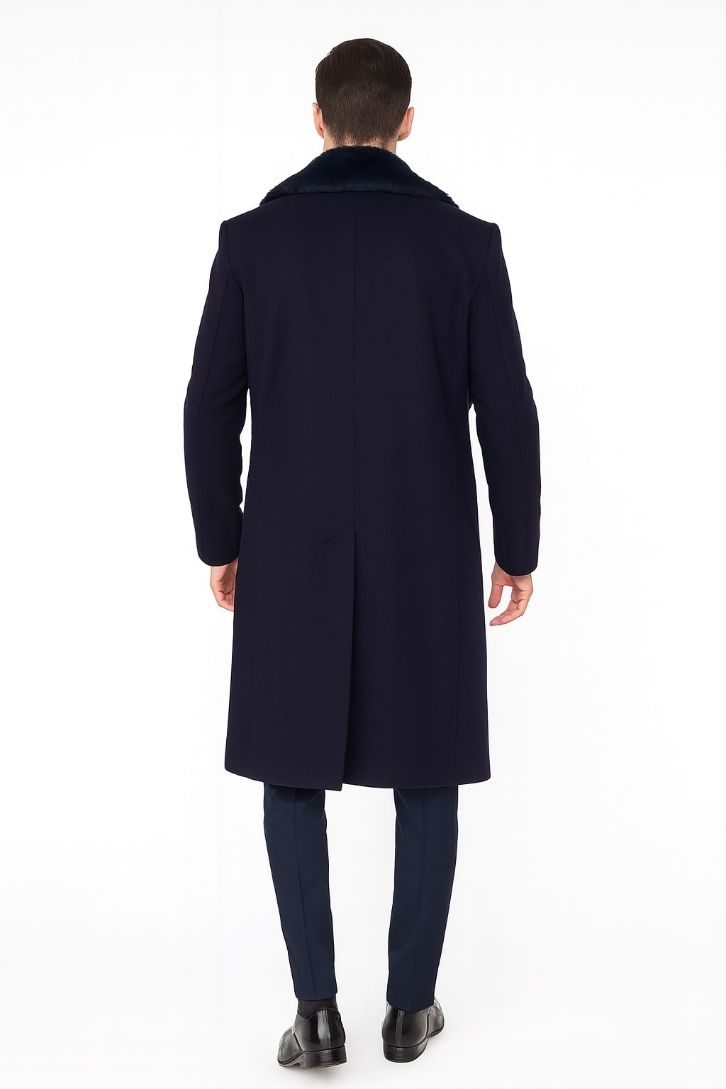 Mens Navy Blue Overcoat with Faux Fur Collar - Luxury Long Winter Coat for Formal and Casual Wear Topcoat by USA Men's Outlet