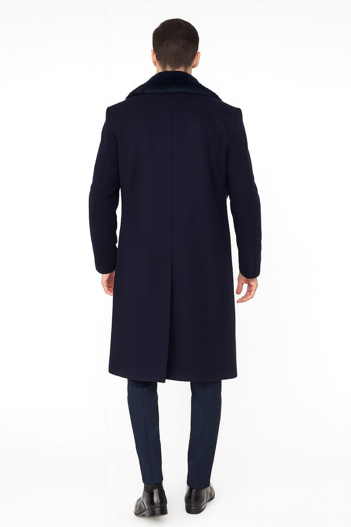 Mens Navy Blue Overcoat with Faux Fur Collar - Luxury Long Winter Coat for Formal and Casual Wear Topcoat by USA Men's Outlet